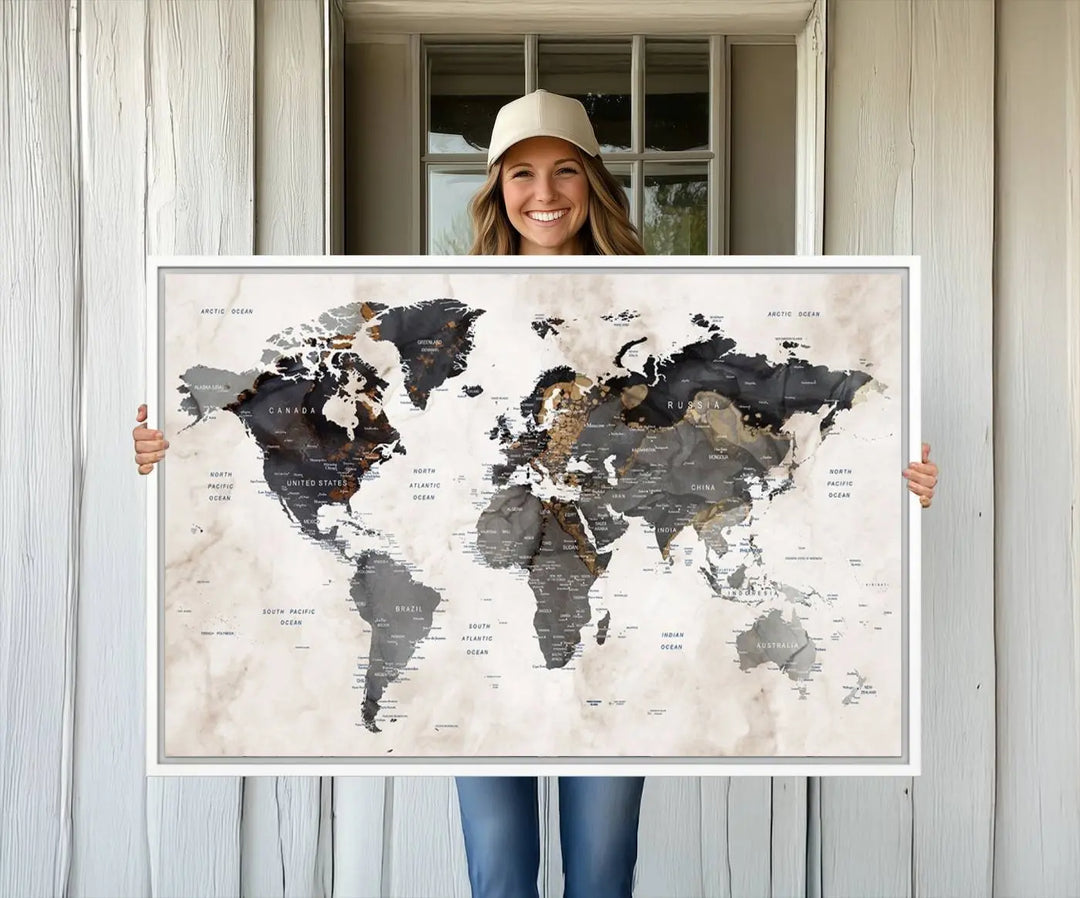 The dining room wall is adorned with the World Map Canvas Print – Earthy Triptych Wall Art, a vintage global map decor featuring dark continents.