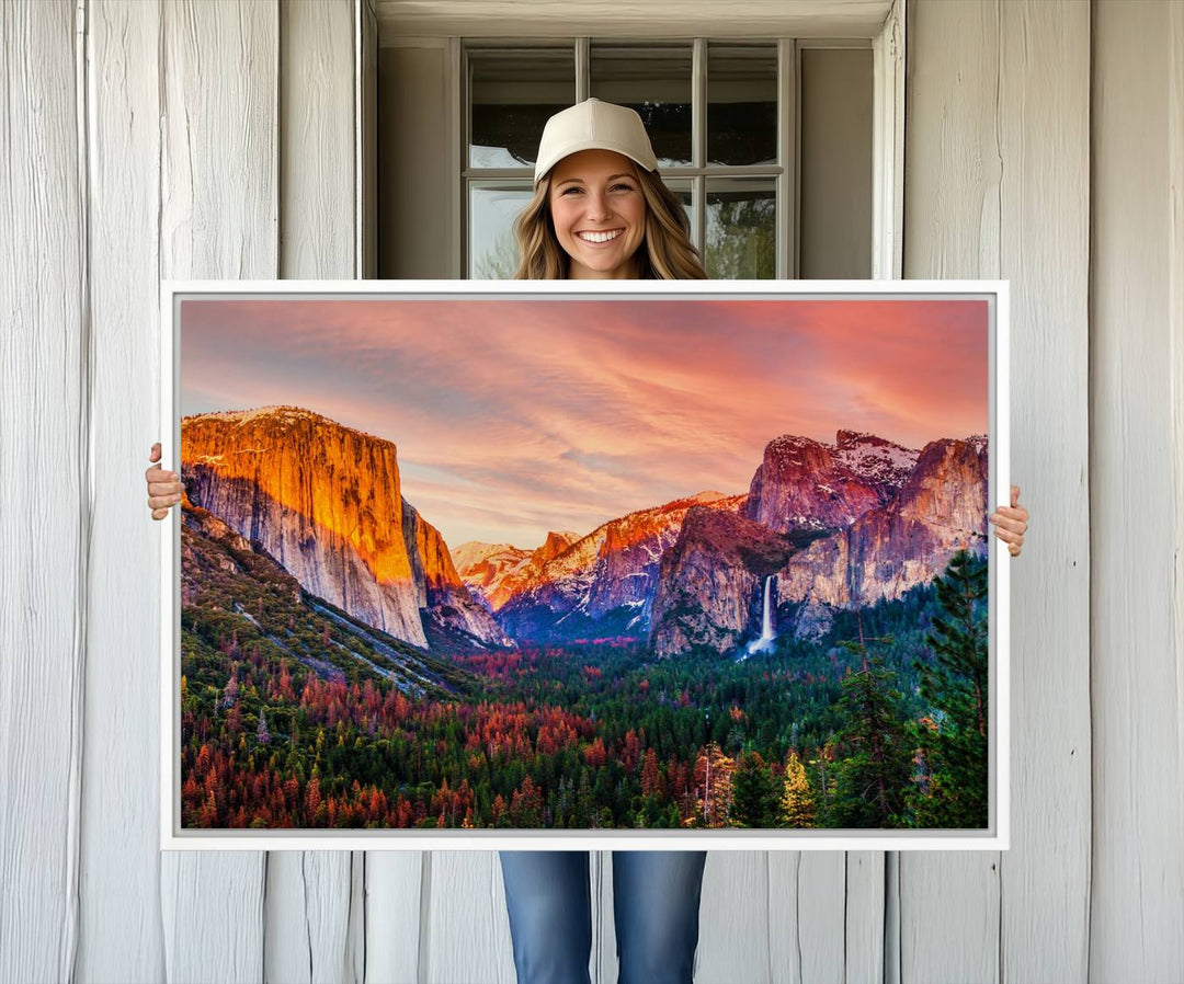 An El Capitan Yosemite Canvas showcasing a sunset over a mountain valley.