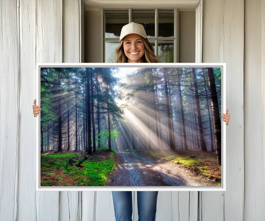 The dining area features a 3-panel Forest Path Canvas showcasing sun rays filtering through a misty forest.