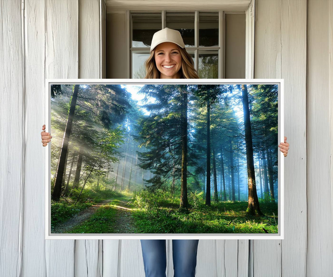 Enhancing the space is the Forest Sun Shine wall art canvas print, showcasing a serene forest scene.