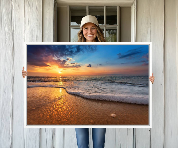 The Golden Sunset Beach Waves Triptych adds a modern coastal touch with its stunning seascape.