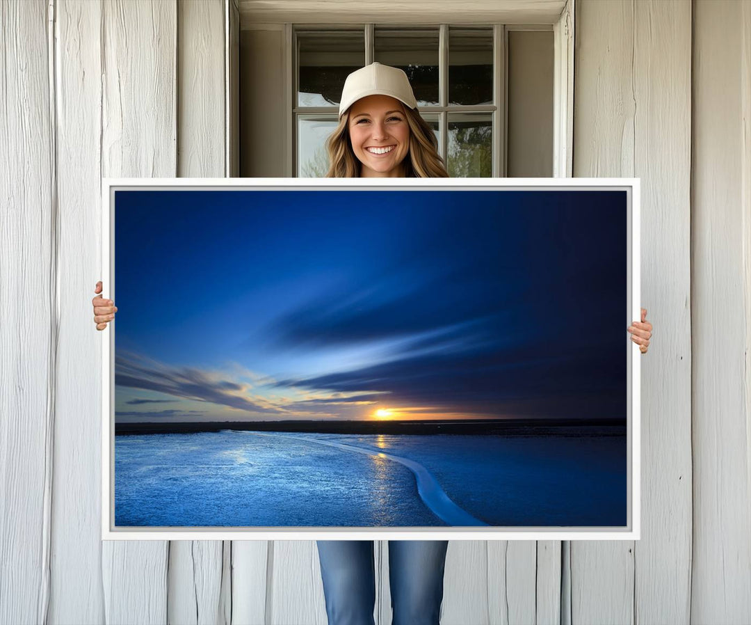 Modern decor: Deep Blue Ocean Sunset Triptych for a serene coastal vibe.