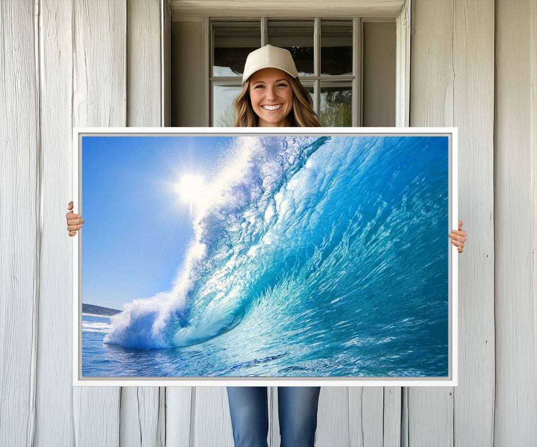 The Blue Big Wave Surfing Ocean Canvas adds a coastal vibe to a wooden wall.