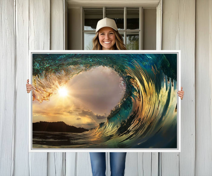 A Golden Wave Sunset Giclee hangs above, showcasing colorful ocean wave art.