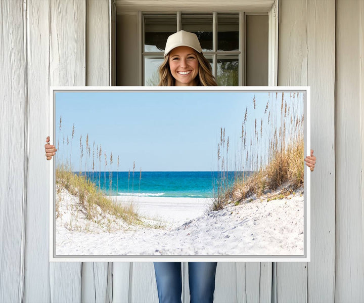 Serene Coastal Dune Path with Ocean View, 3-Panel Beach Canvas Art; tranquil seascape for coastal decor.