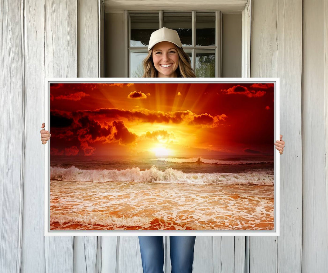 The Red Sunset Ocean Beach Canvas depicts ocean waves.