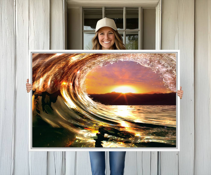 The Golden Wave Sunset Triptych Canvas Art showcases an ocean wave at sunset, casting warm light.