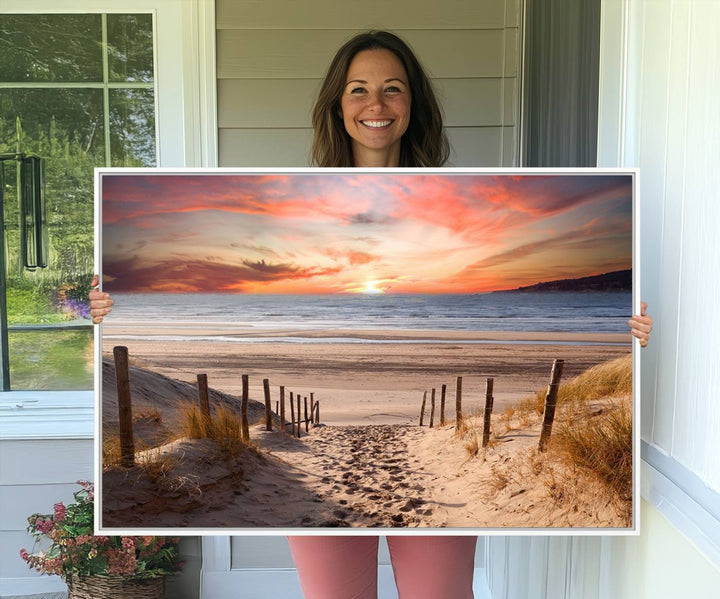 The Sunset on the Sea Wall Art Canvas Print beautifully captures a beach sunset and waves, enhanced with a UV-protective coating.