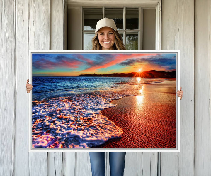 The Colorful Coastal Sunset on the Beach canvas print portrays ocean waves at dusk.