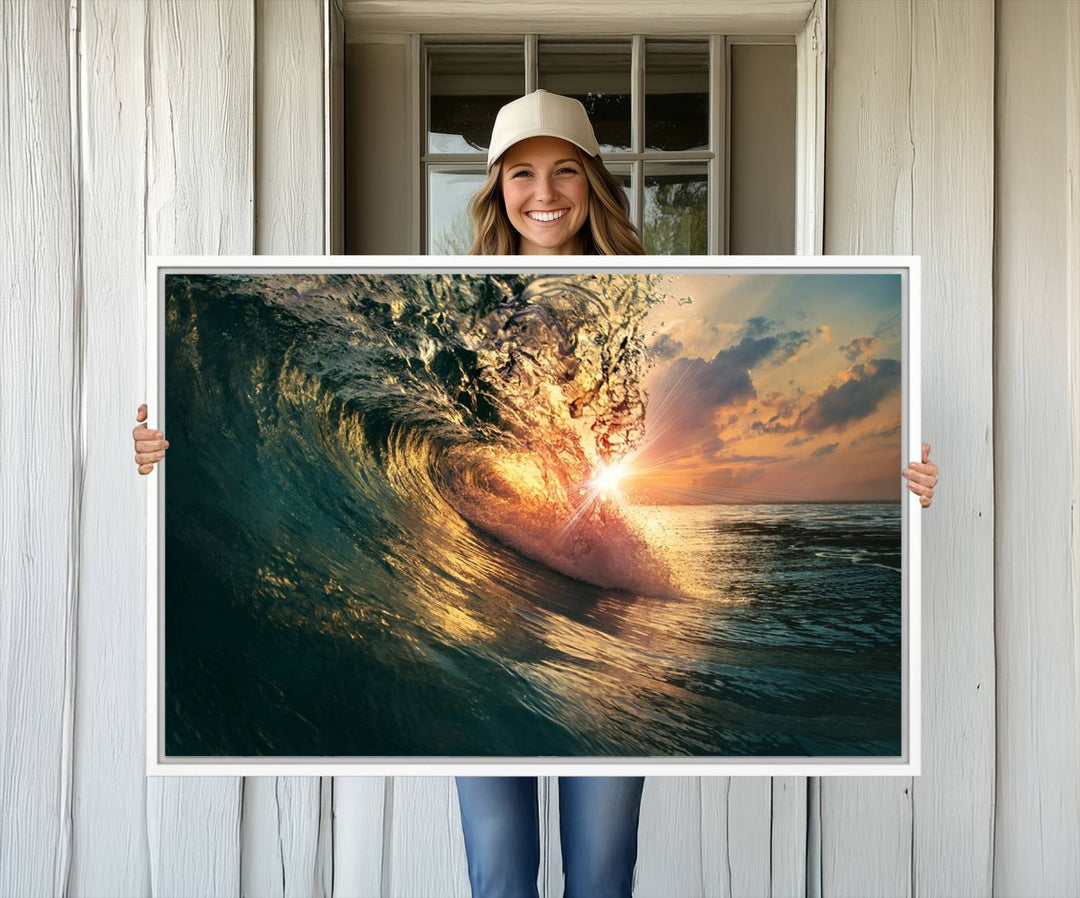 A triptych seascape titled Ocean Wave Sunset Canvas, featuring a stunning ocean view at sunset, is beautifully framed and ready to hang.