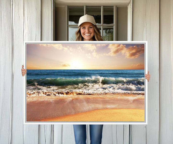 The wall features a Canon-quality Serene Beach Path canvas giclee print, depicting coastal dunes.