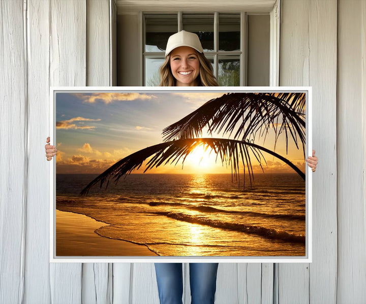 Golden Tropical Beach Sunset Canvas Triptych: Coastal Palm Art & Giclee Print with Gallery Wrap, capturing golden waves.