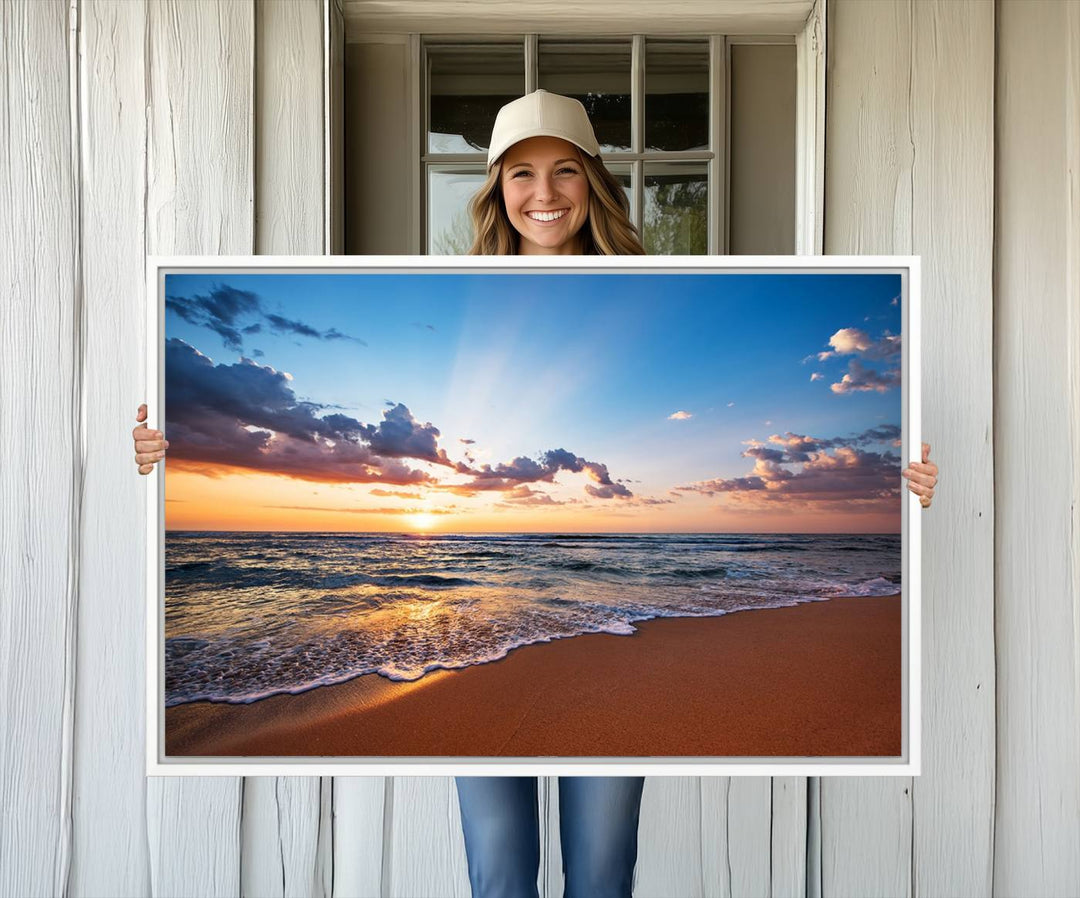 The living room showcases a Serene Ocean Sunset Canvas Print.