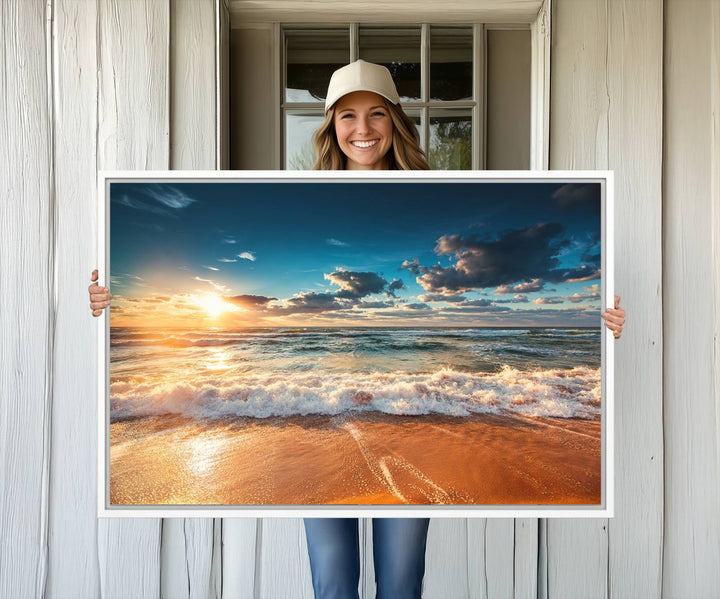 A Golden Sunset Beach Triptych Canvas Art hangs on a white wall.