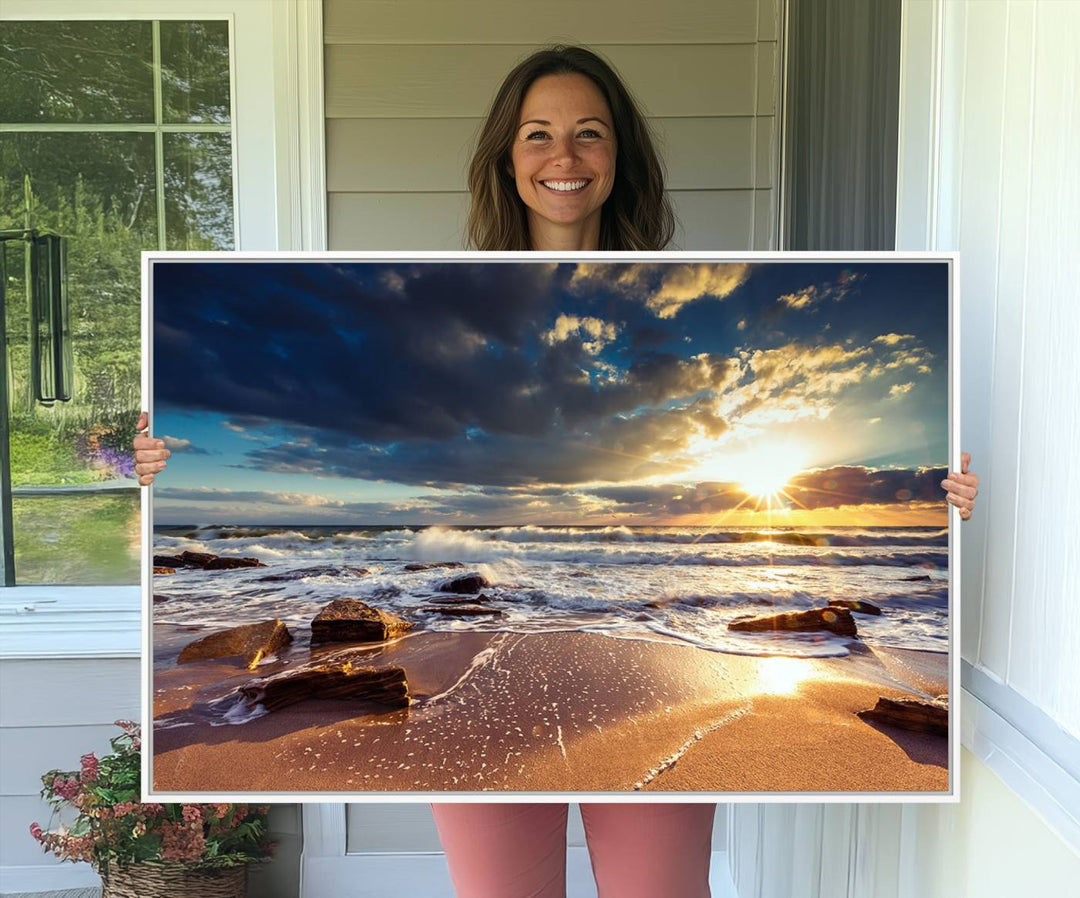 The Golden Hour Beach Sunset triptych adorns the wall with its captivating imagery.