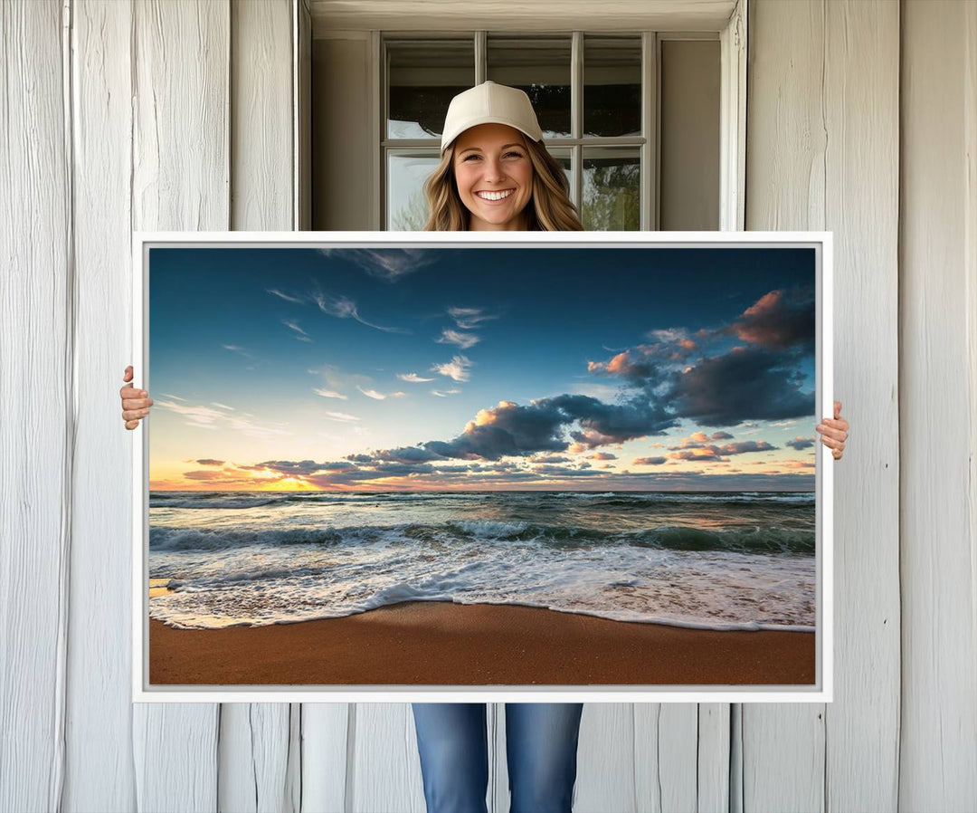 Ocean Beach Wall Art Canvas Print hangs prominently.