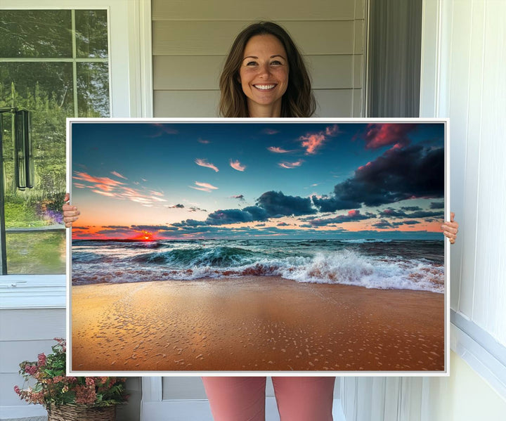 Sunset on Beach Wall Art: Waves under a vibrant sky. Crafted on museum-quality canvas, ready to hang and admire.