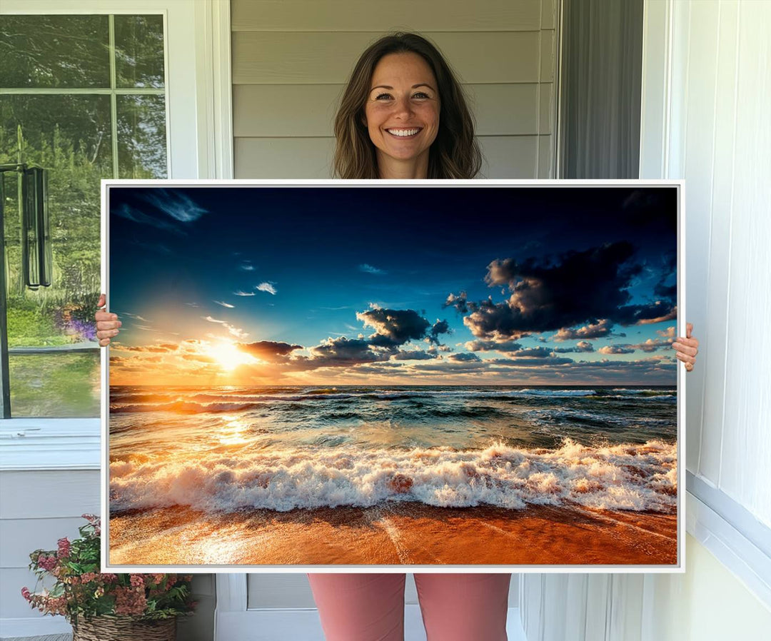 Golden Hour Sunset Over Ocean Waves Canvas: 3-Panel Coastal Landscape Art with Stunning Beach Photography Print.