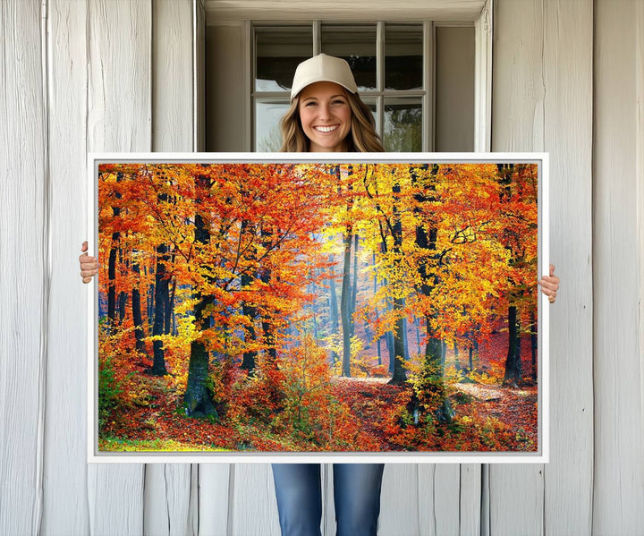 The room features an Autumn Red Forest Triptych Canvas Wall Art.