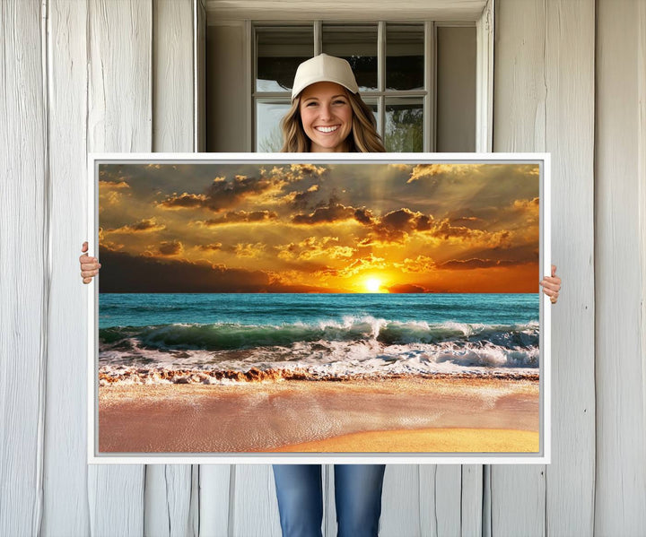 Golden Sunset Beach Canvas Triptych adorns the cozy room, creating a stunning focal point.