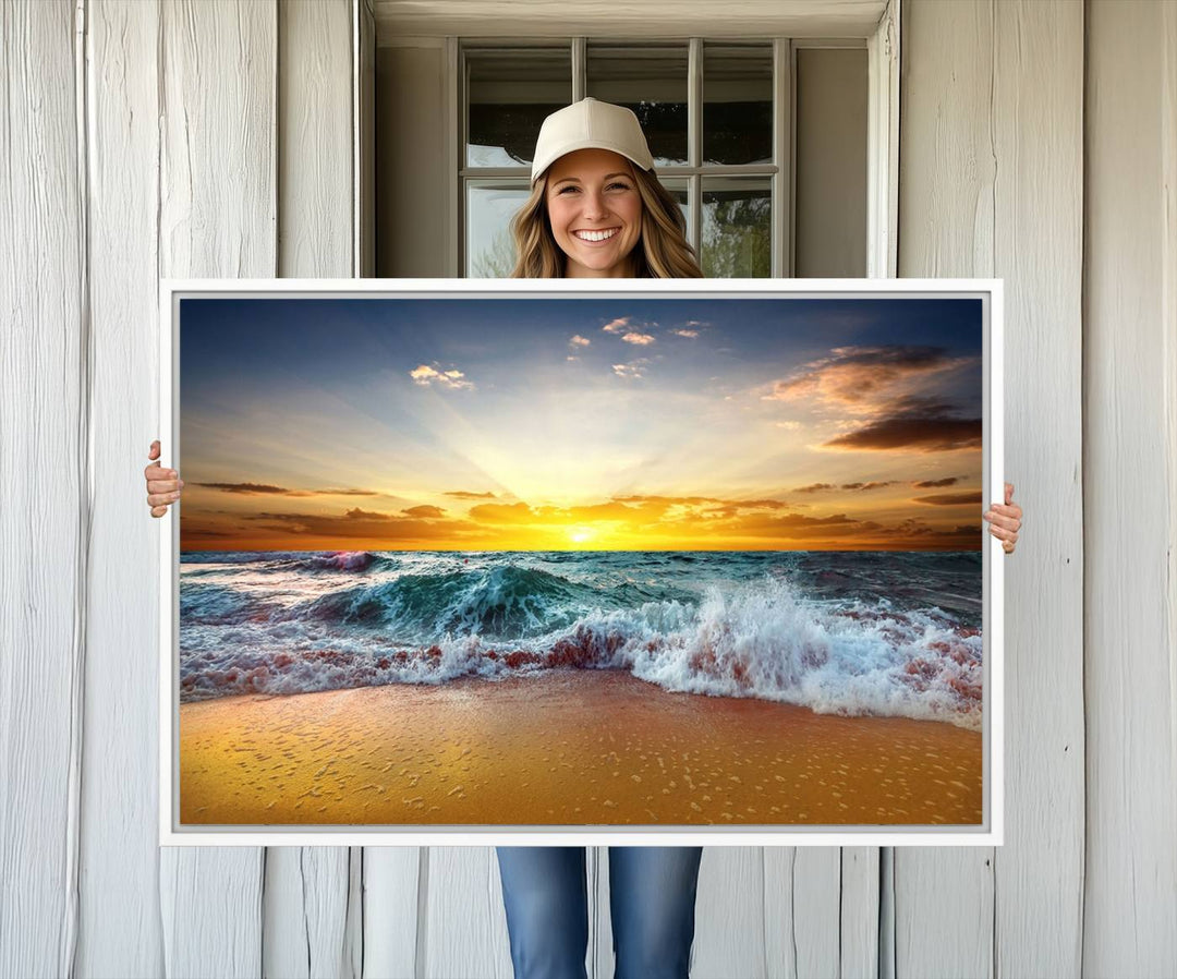 The kitchen features the Golden Sunset Ocean Waves multi-panel coastal wall art canvas.