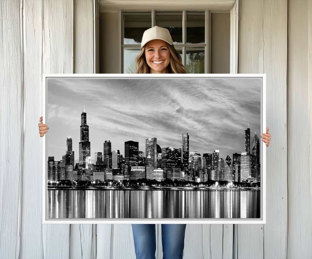 The Chicago City Cloudy Skyline Canvas Print hangs prominently.