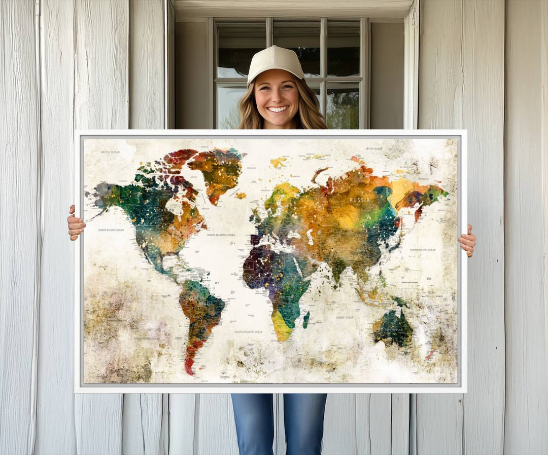 A 3-panel vintage world map canvas art is displayed.