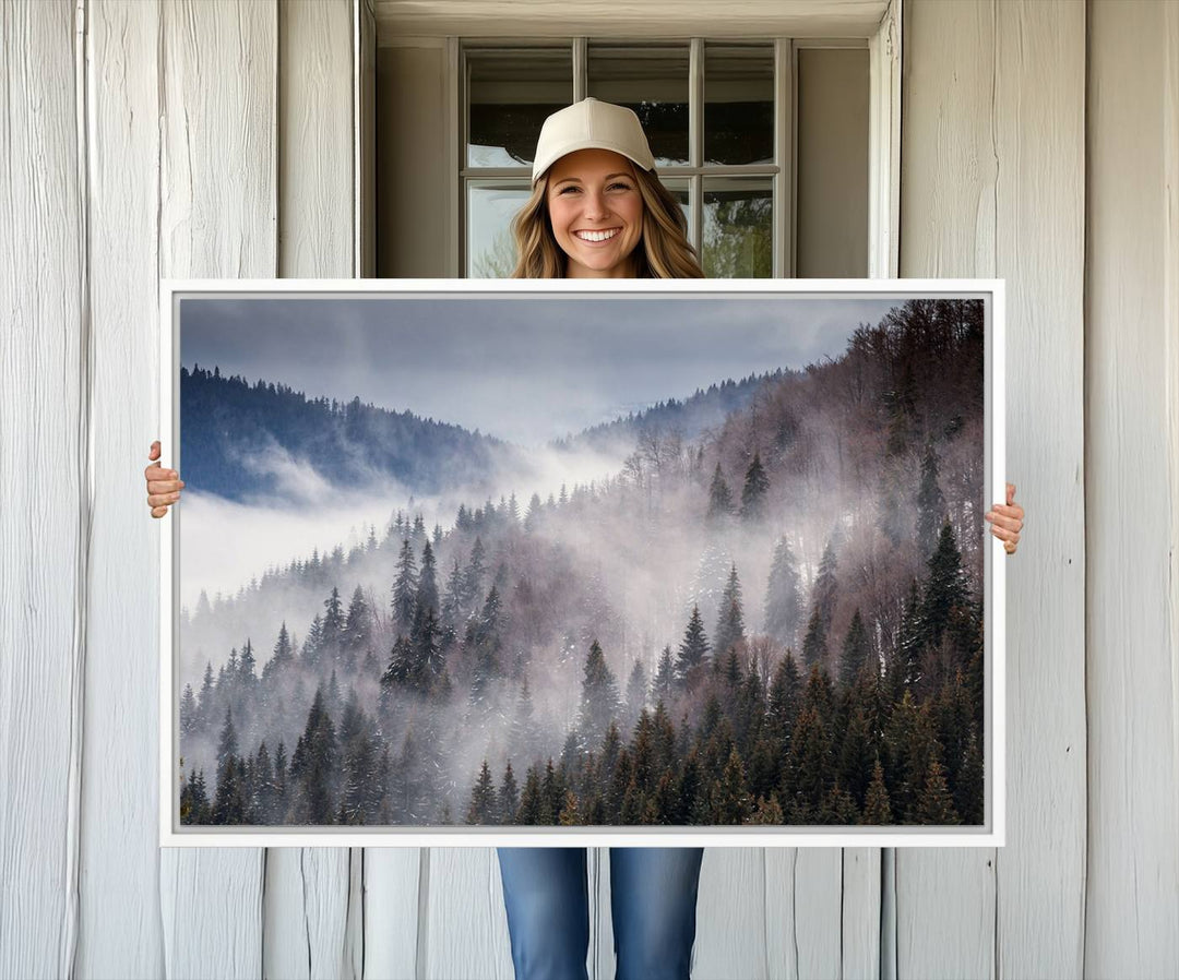 A museum-quality canvas of Beautiful Rising Fog in Winter Mountain Landscape hangs on the wall.