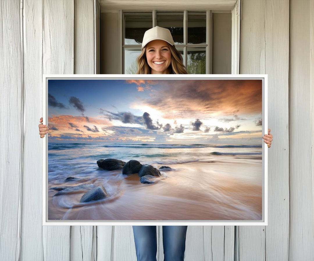 The Serene Weather On The Beach wall art canvas is ready to hang.