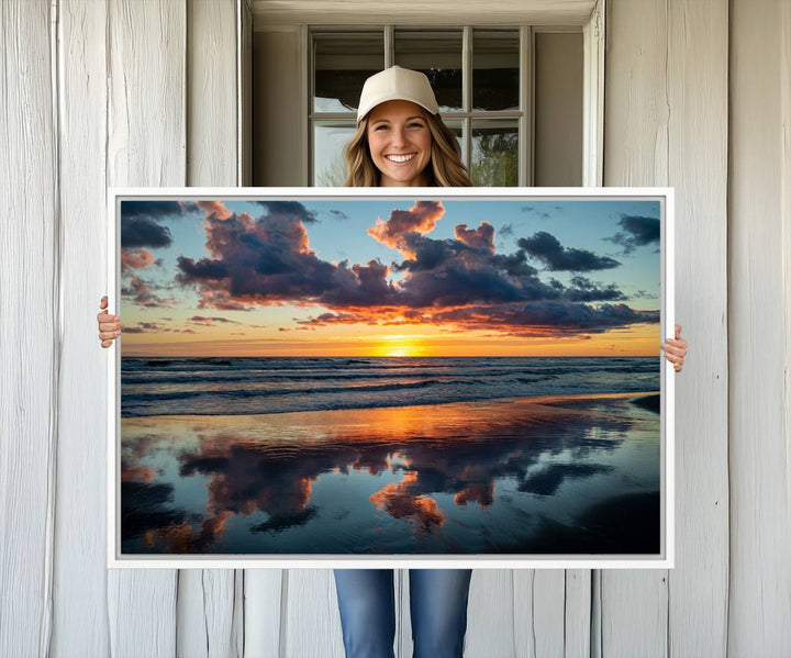 A Beach Sunset Print - Stunning Ocean Canvas Artwork adorns the wall.