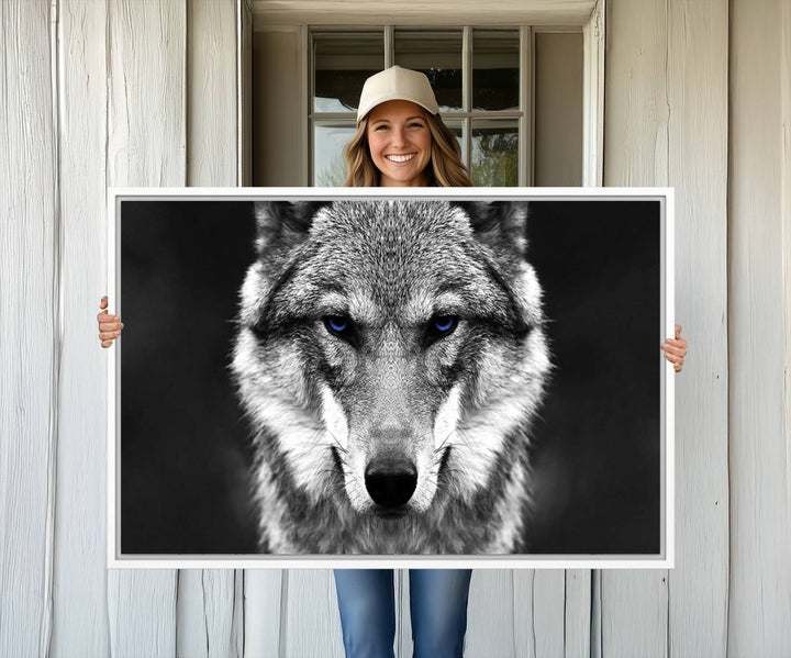 A ready-to-hang Black and White Wild Wolf Wall Art Canvas Print.