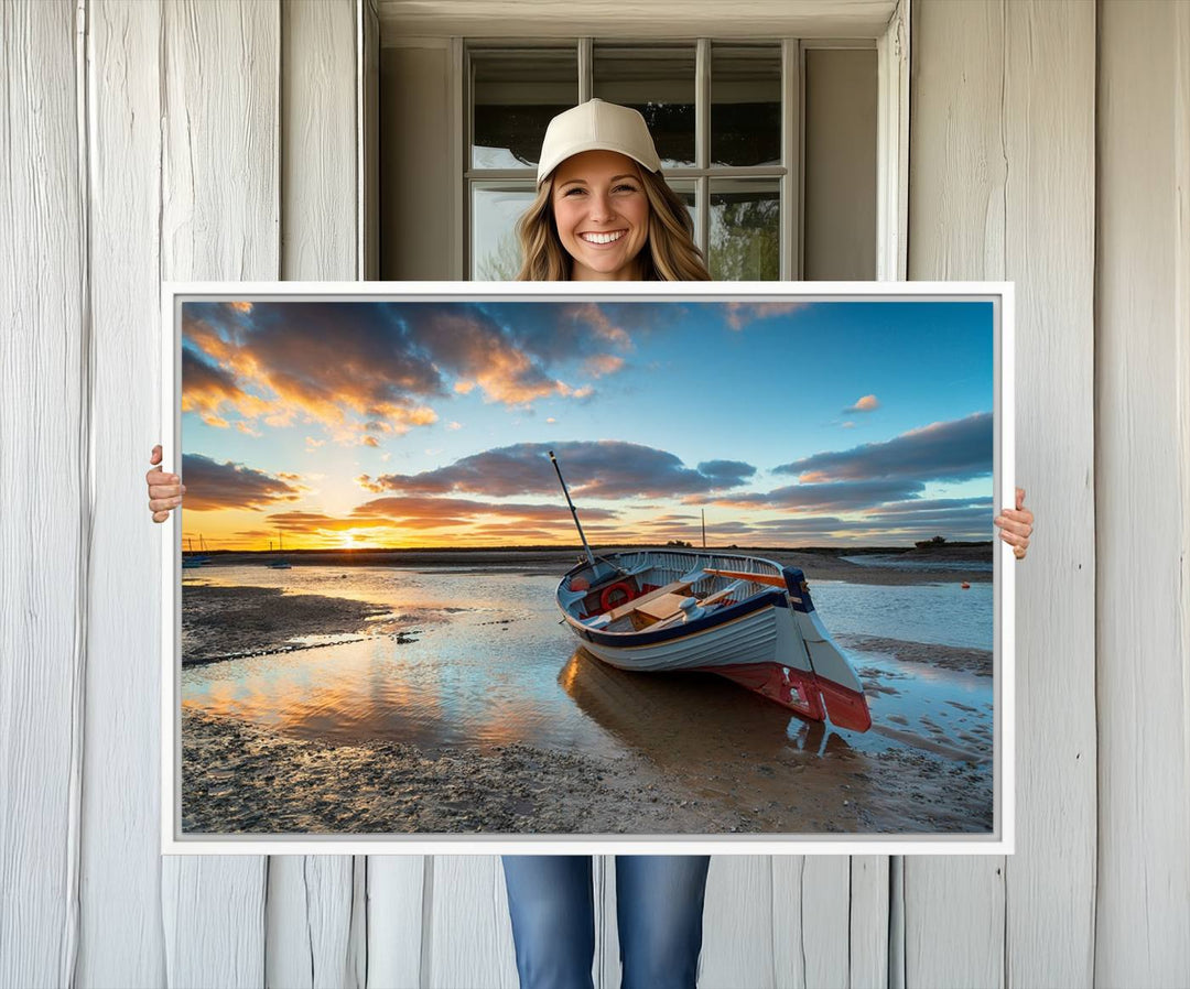 The Small Boat At The Beach Sunset wall art canvas print features UV coating, is museum-quality, and is ready to hang.