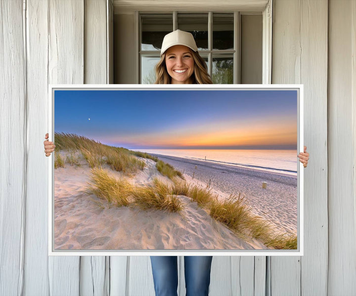 The cozy kitchen features the Sunrise On The Beach canvas art.