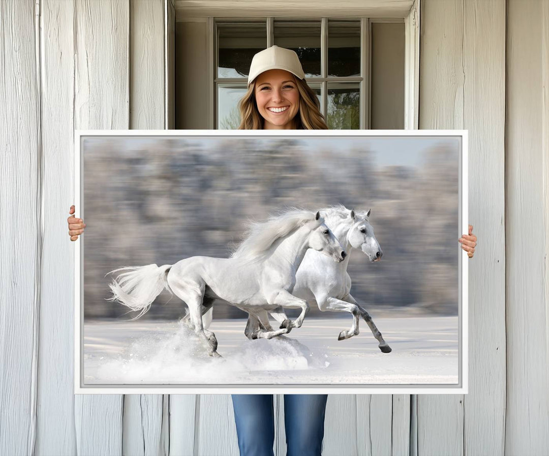 Museum-quality All The White Horses canvas print of two white horses in snow, ready to hang.