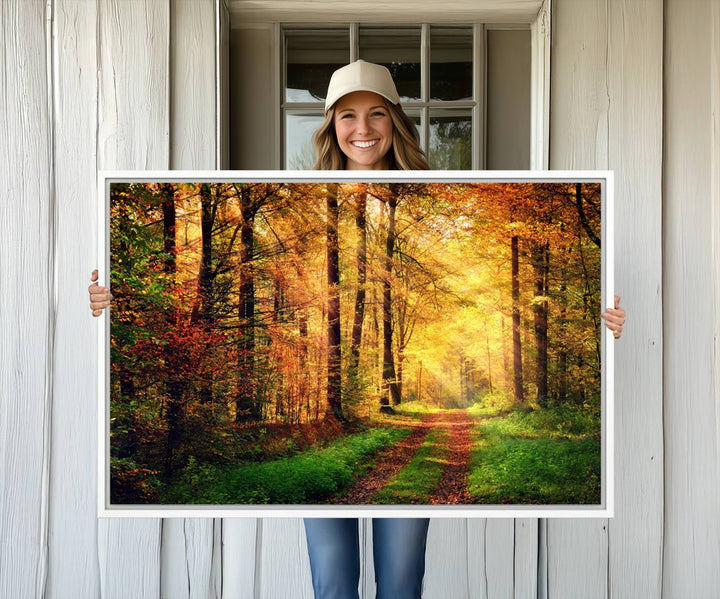 The Sunlight Through Trees Wall Art Canvas Print showcases a sunlit autumn forest and includes UV protection to ensure lasting vibrance.