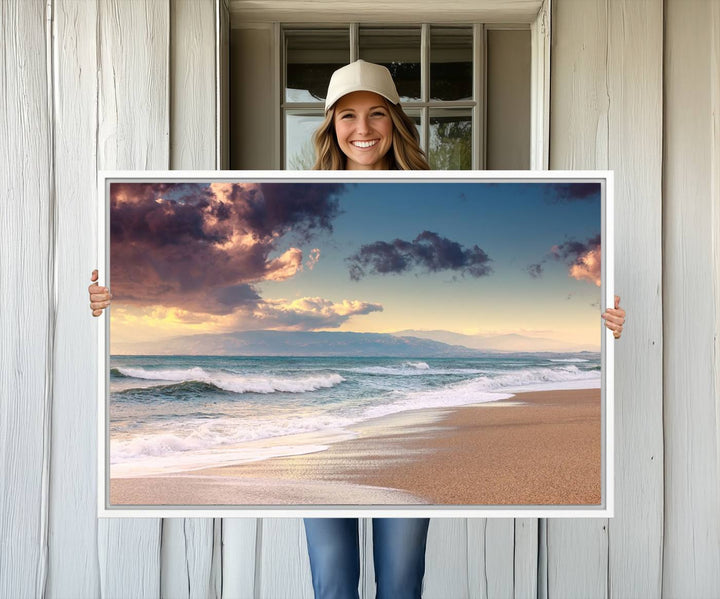 The dining area is enhanced with the Cloudy Weather Beach Sunset Canvas Print.