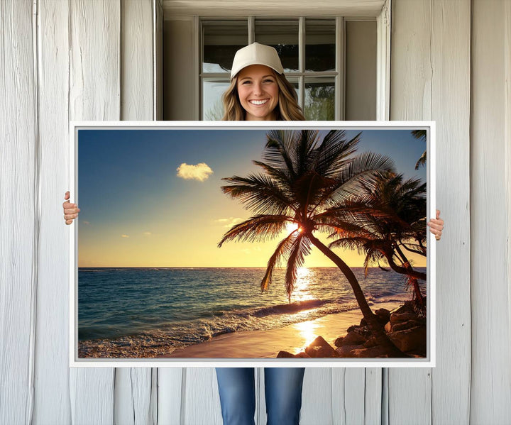 Sunset Palm Trees Wall Art Canvas Print: a serene beach scene on museum-quality canvas.