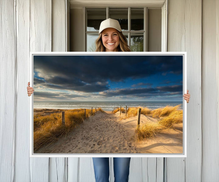 Museum-quality Ocean Beach Dark Clouds canvas print.