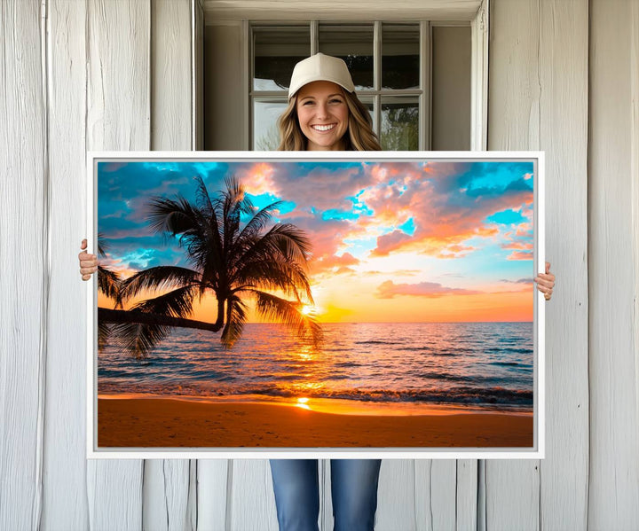 The Palm Tree Sunset On The Beach ready-to-hang canvas wall art—museum quality—brings a serene atmosphere to the room.