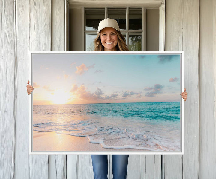 The room features a 3-panel Tranquil Ocean Beach Sunset Canvas Wall Art.