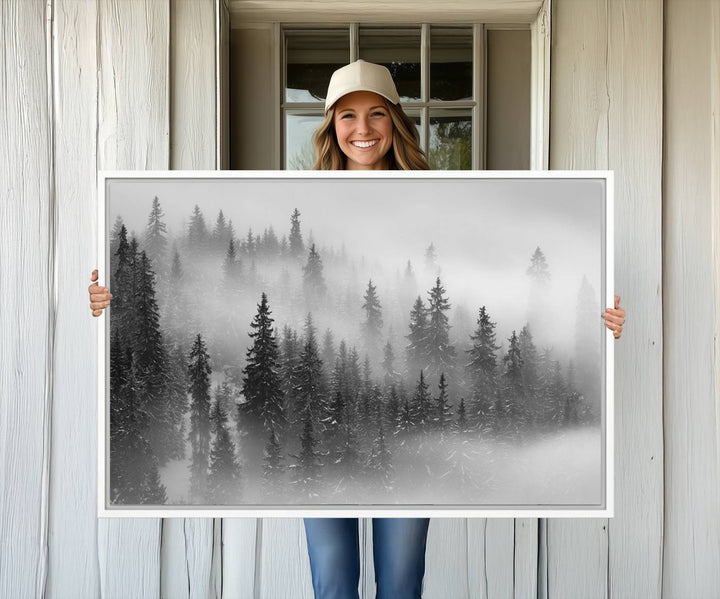 A stunning Foggy Misty Forest Canvas Wall Art adorns the kitchen wall.