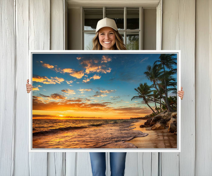 A stunning beach sunset on a museum-quality Sunset Wall Art Canvas Print adorns the kitchen wall.