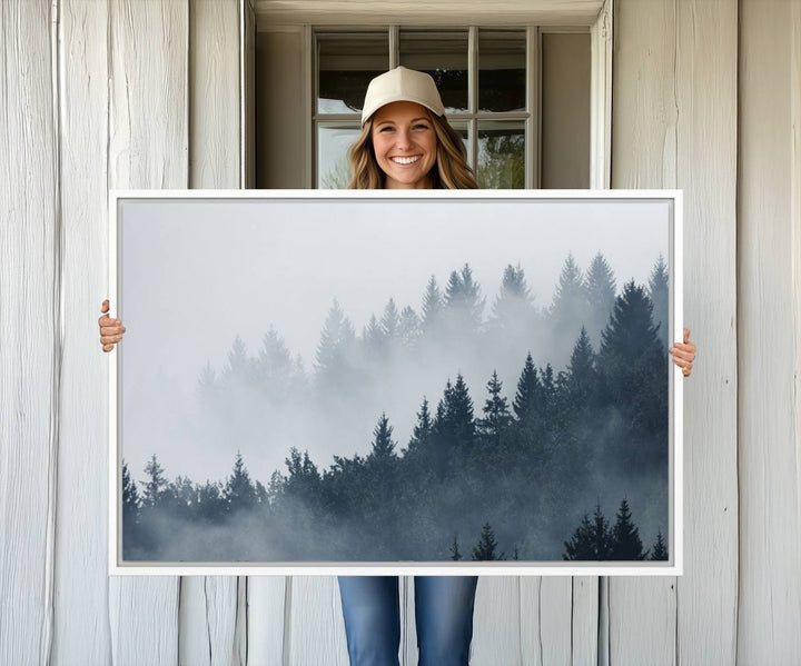 A large Foggy Pine Forest Wall Art Canvas Print.