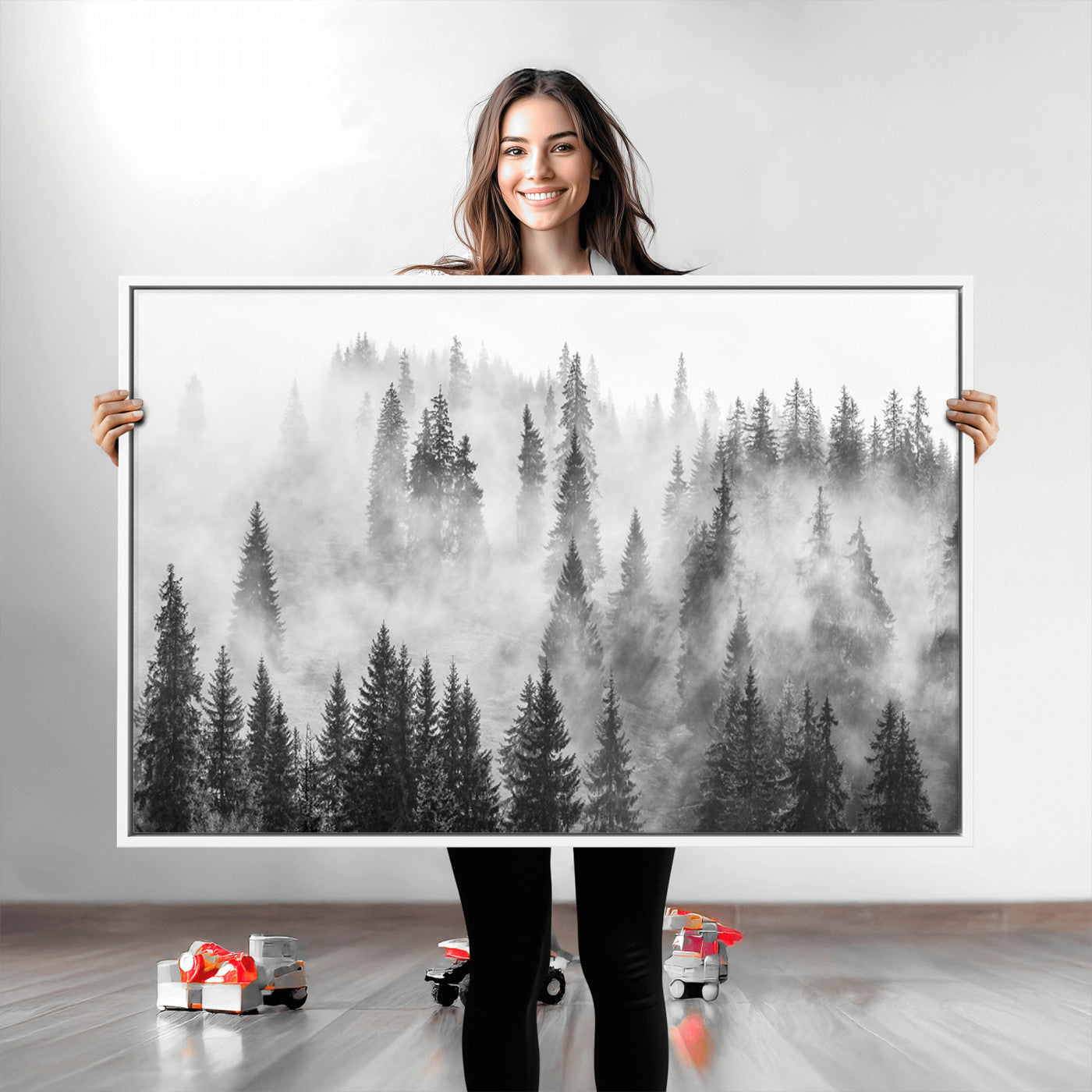 10422-MGV-CV-36X24-Forest Wall Art Print | Foggy Pine Forest Canvas Wall Art - Black and White Nature Decor for Living Room