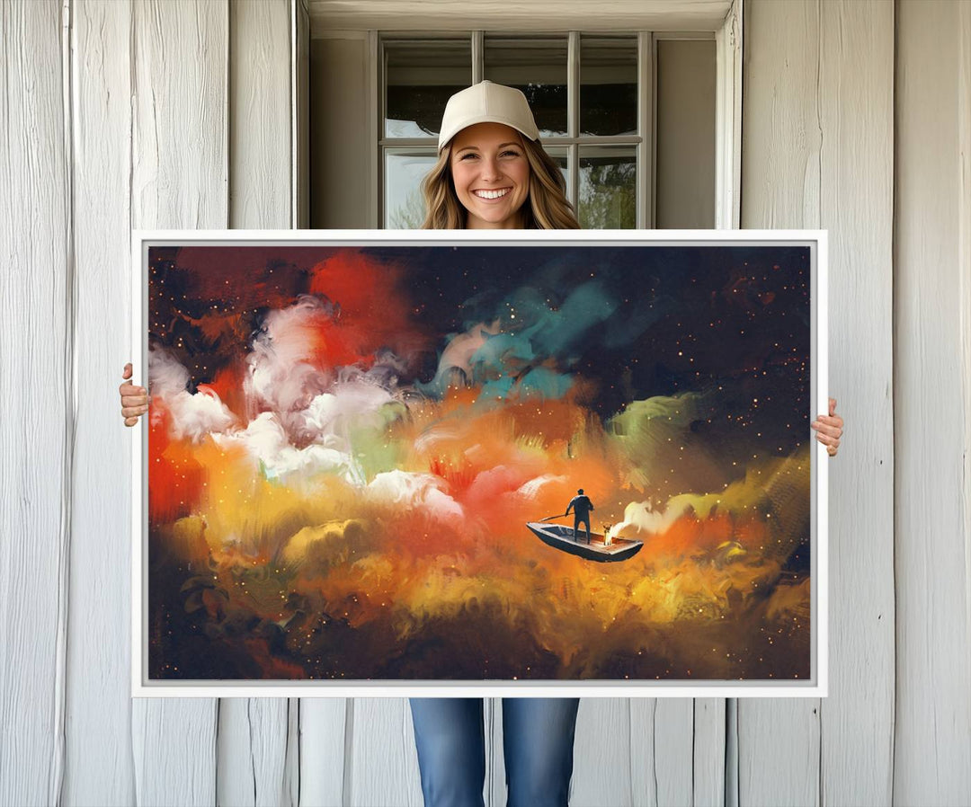 Surreal Space Adventure Canvas Wall Art features a person in a boat.