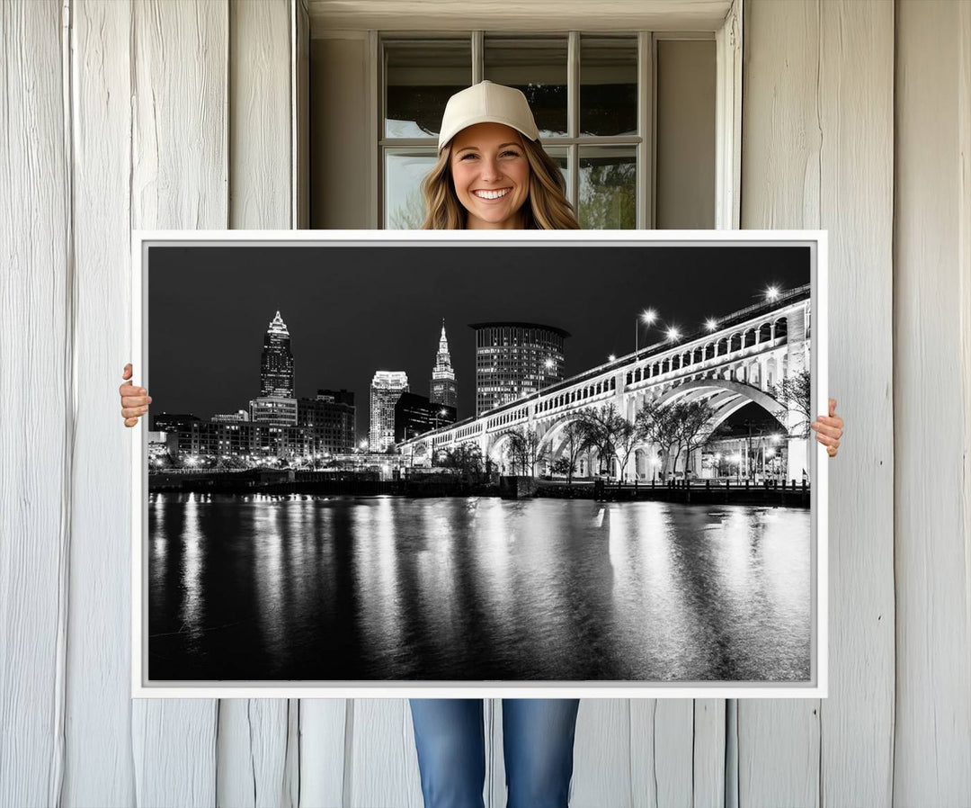 The Cleveland Night Skyline Canvas Print hangs prominently.