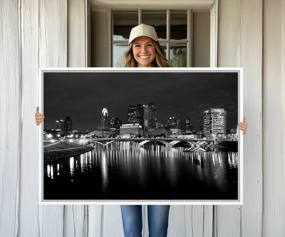 Columbus City Lights Skyline canvas print in black and white, featuring museum-quality craftsmanship and free shipping.