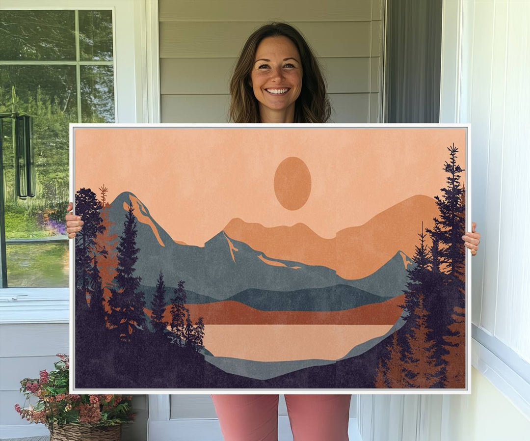 The Modern Boho Sunset Triptych displays a mountain sunset.