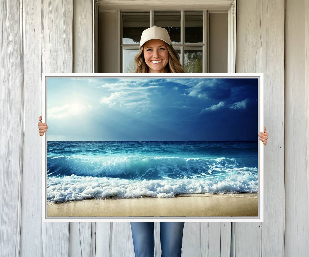 The Majestic Ocean Wave Wall Art Canvas, a 3-panel seascape print, is featured prominently.