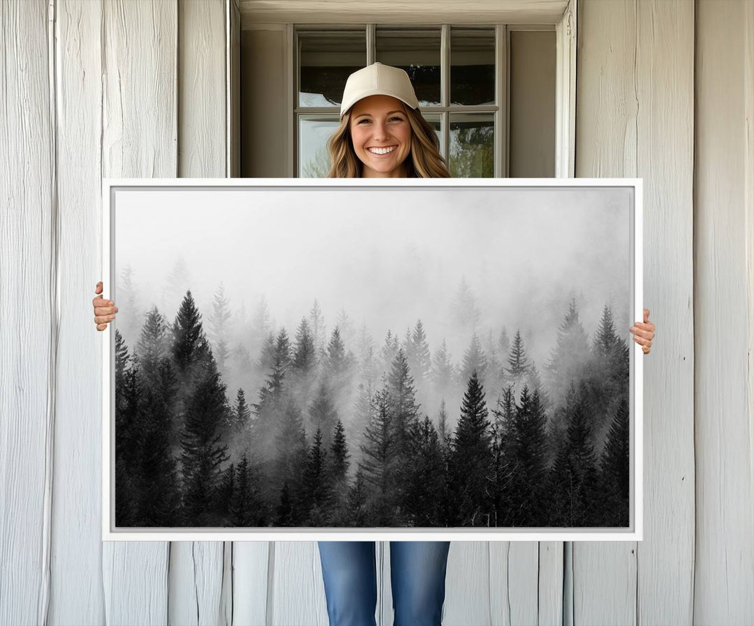 The Foggy B&W Forest Wall Art, featuring pine trees, enhances the minimalist kitchen ambiance.